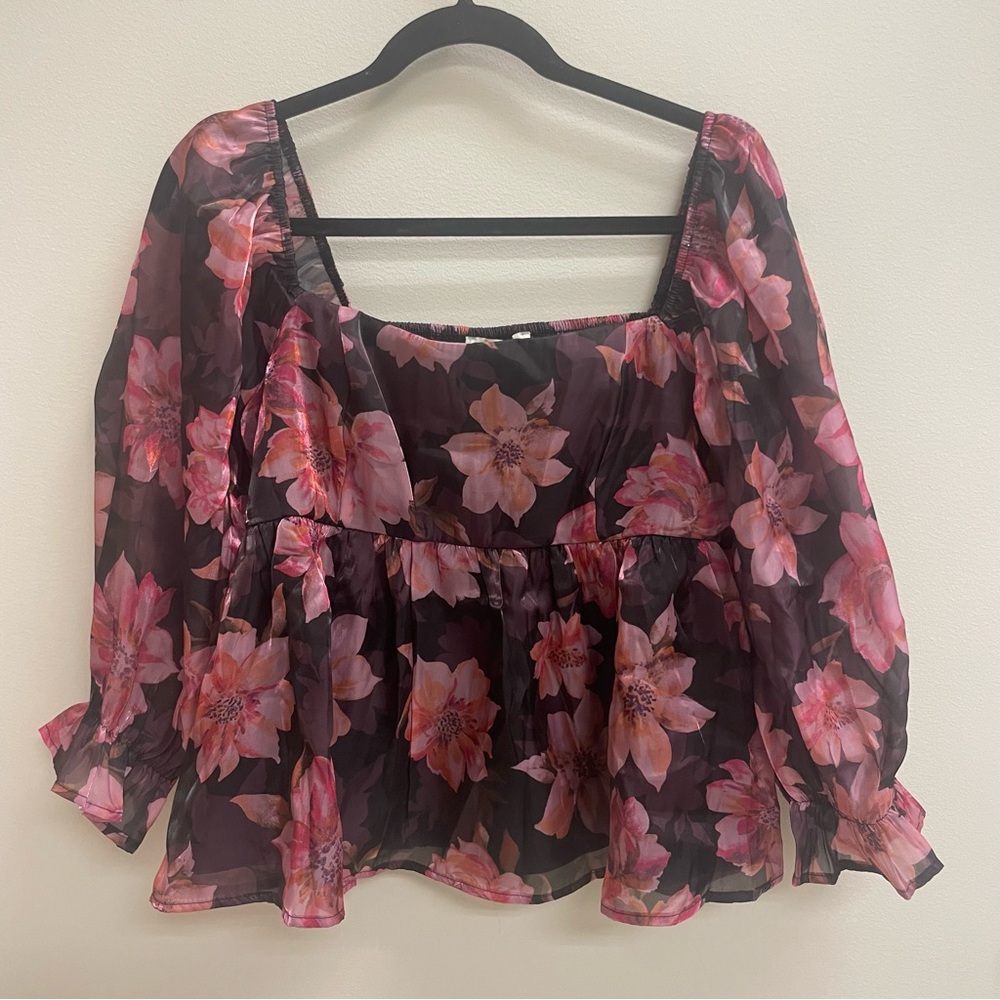 NWT Babydoll Puff Sleeve Blouse Floral Feminine Romantic XL